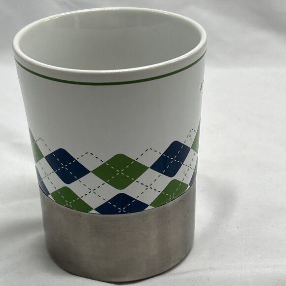 Starbucks 2006 White Green Blue Argyle Coffee Cup Mug Stainless Steel Base 14 Oz - Picture 6 of 9